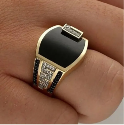 Men's Ring Metal Gold Color Black Stone Zircon