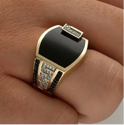 Men's Ring Metal Gold Color Black Stone Zircon
