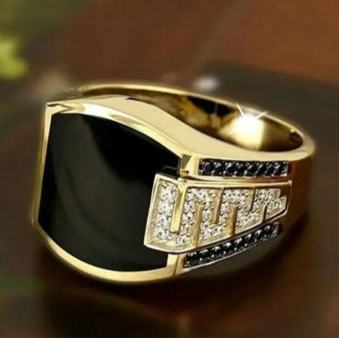 Men's Ring Metal Gold Color Black Stone Zircon