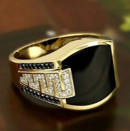Men's Ring Metal Gold Color Black Stone Zircon